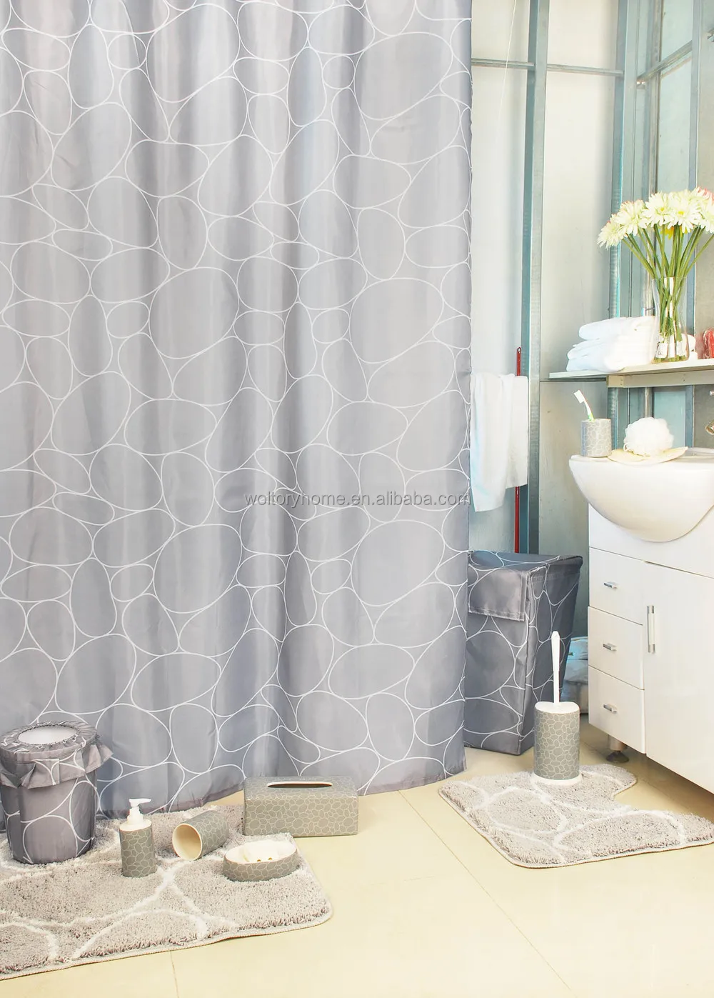 Pebble Stone Shower Curtain With Bath Mat Set And Match Ceramic