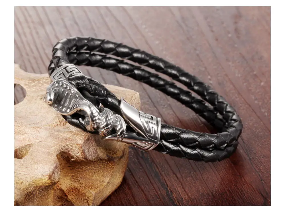Wholesale Punk Style Men Double Braided Black Leather Snake Head Bracelet