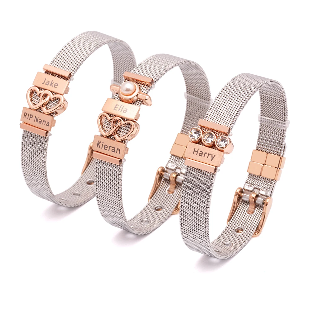 Fashion stainless steel mesh bangle heart charm bracelet for women