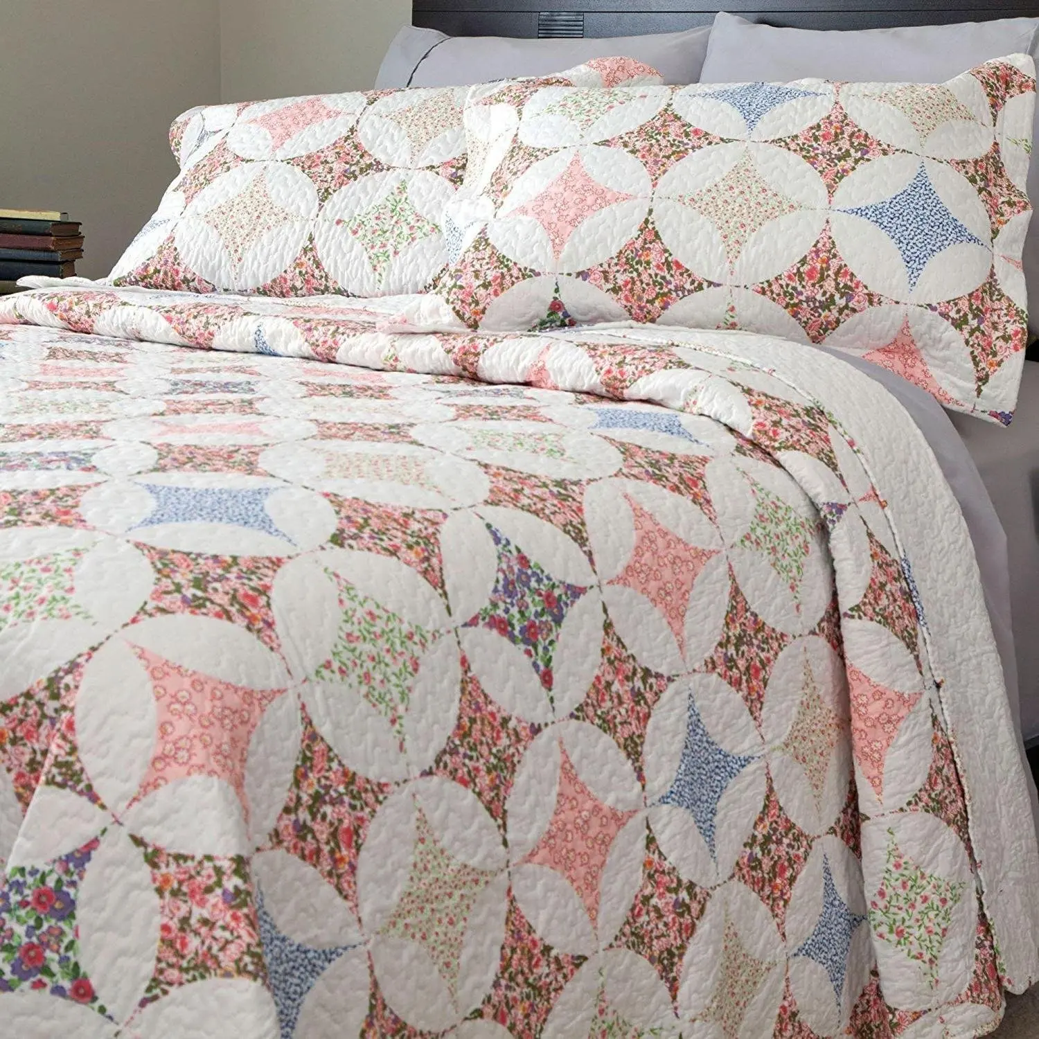 2pc Trendy Blue Pink Green White Twin Quilt Set, Polyester, Diamond Floral Themed Bedding Rainbow Modern Cabin Flower Nature Geometric Pretty Chic Rose Pretty Circles