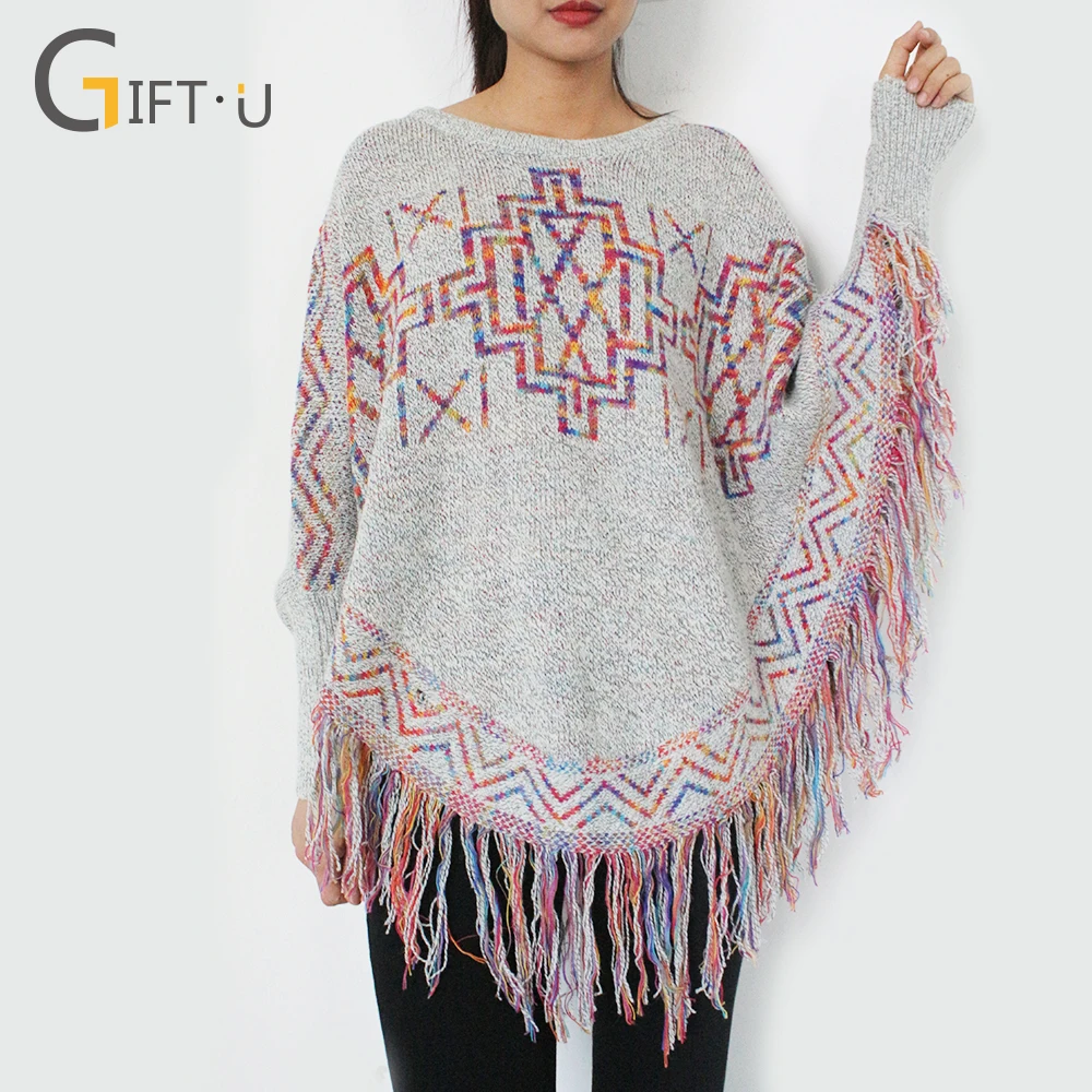 
Giftu 86049# Lady Autumn Batwing Sleeve Pullover Knitted Poncho Sweater 