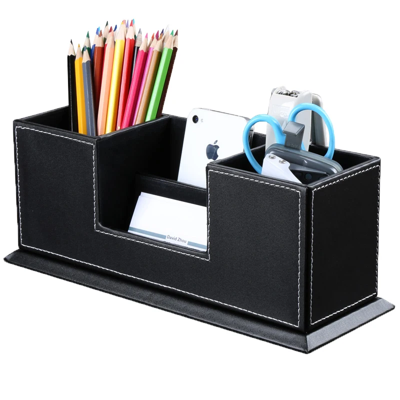 Office School Stationery Desk Organizer Faux Leather Storage Pen holder