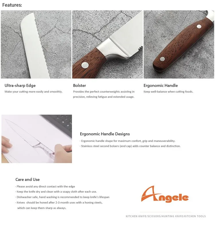 8inch Stainless Steel Bread Knife With Pakka Wood Handle With Rivets