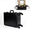 wholesale Professional wood trolley rolling beauty cosmetics display makeup train case with lighted mirror legs