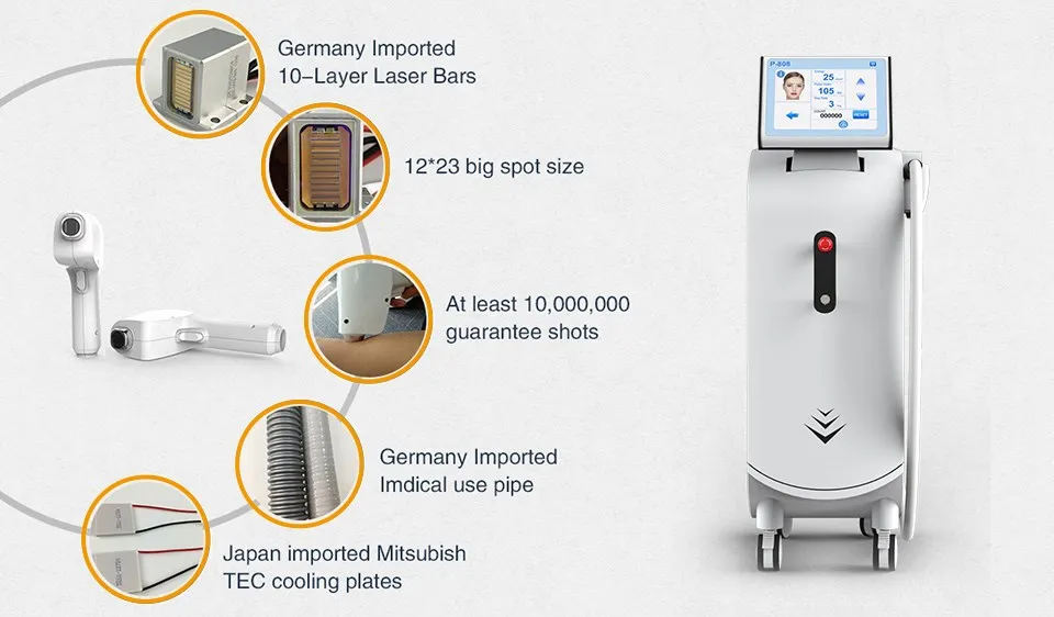 Hottest Germany Bars 808 Diode Laser Hair Removal Price 808 / 755 / 1064 Nm