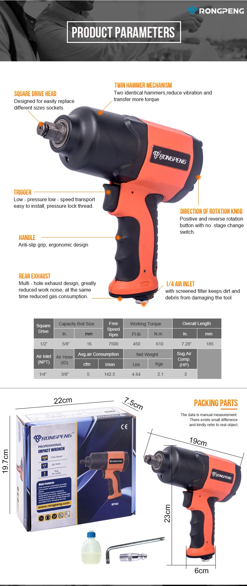 RONGPENG RP7451 Adjustable Torque Twin Hammer Pneumatic Air Impact
