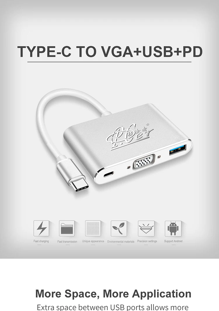 PCER Type-c to VGA USB 3.0 Adapter with PD Port HD 1080P VGA USB C Multifunction Hub