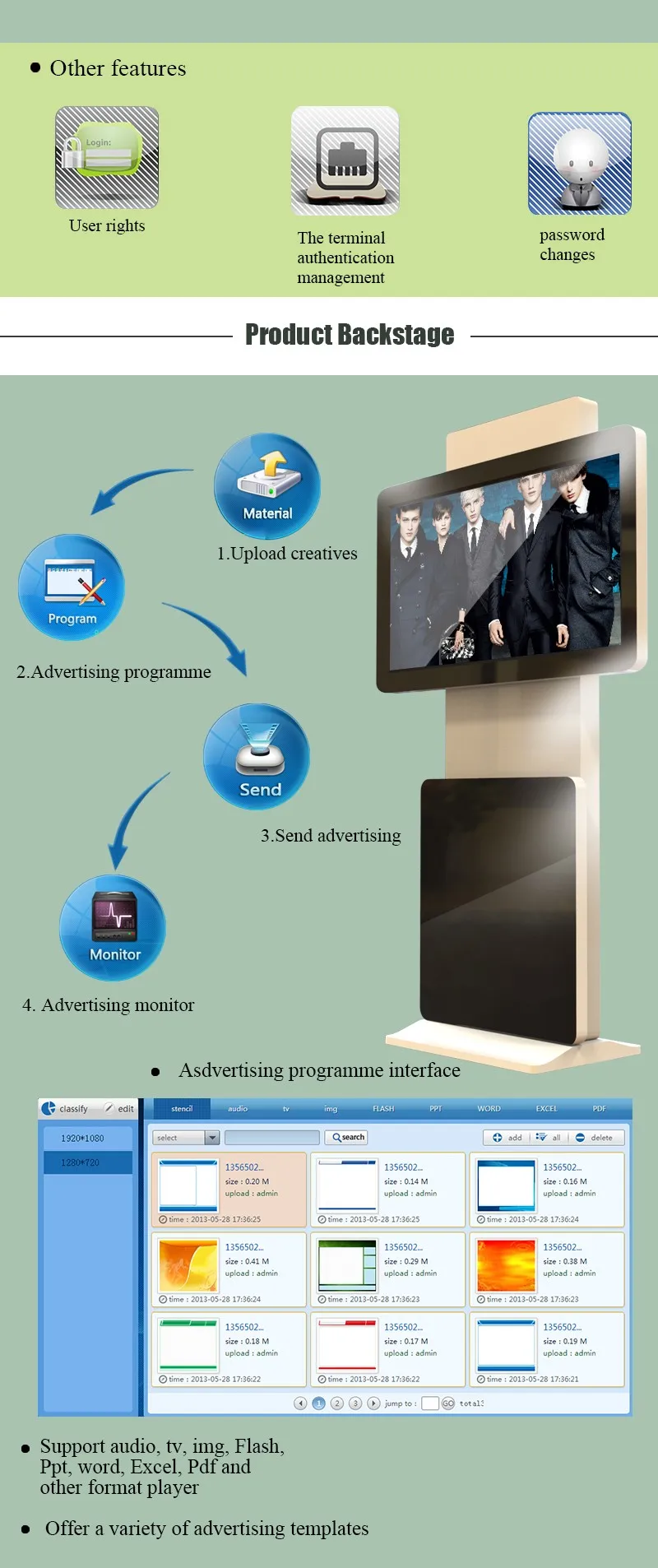 Remote control advertising machine kiosk custom lcd advertising player/advertising booth oem digital signage kiosks