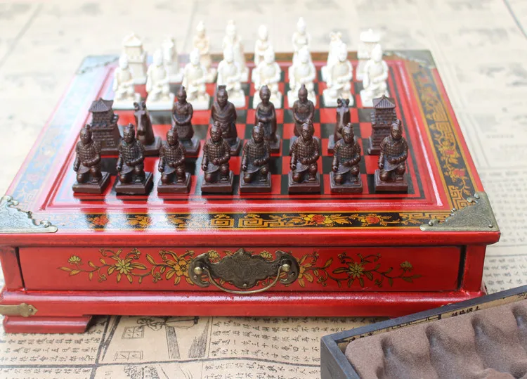 Terracotta Army Antique Chess Set Board BOX Carved Unique Vintage Collectible 