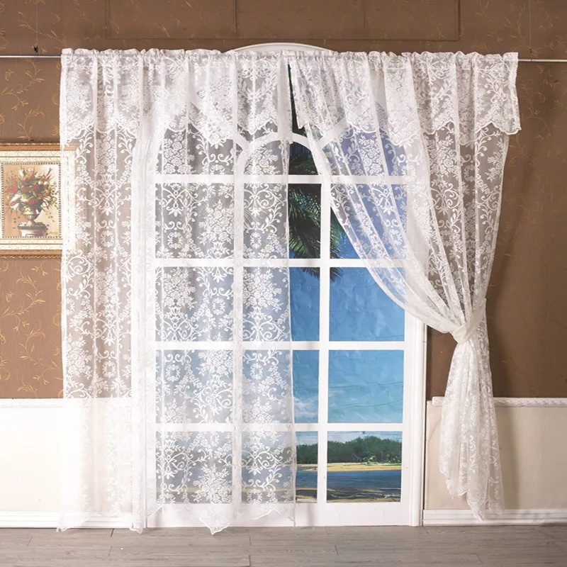 Polyester Knitted White Floral Jacquard Lace Window Curtain Panels Pair ...