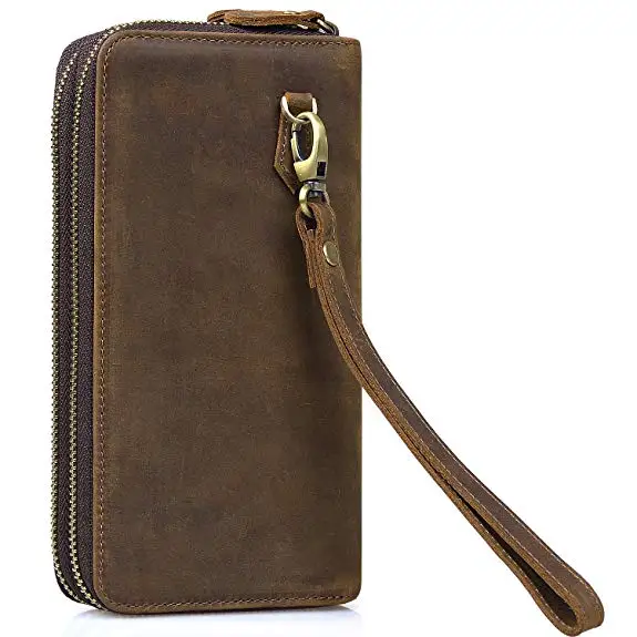 Leather Wallet Double Zip Checkbook Wallet Card Holder Clutch Purse ...