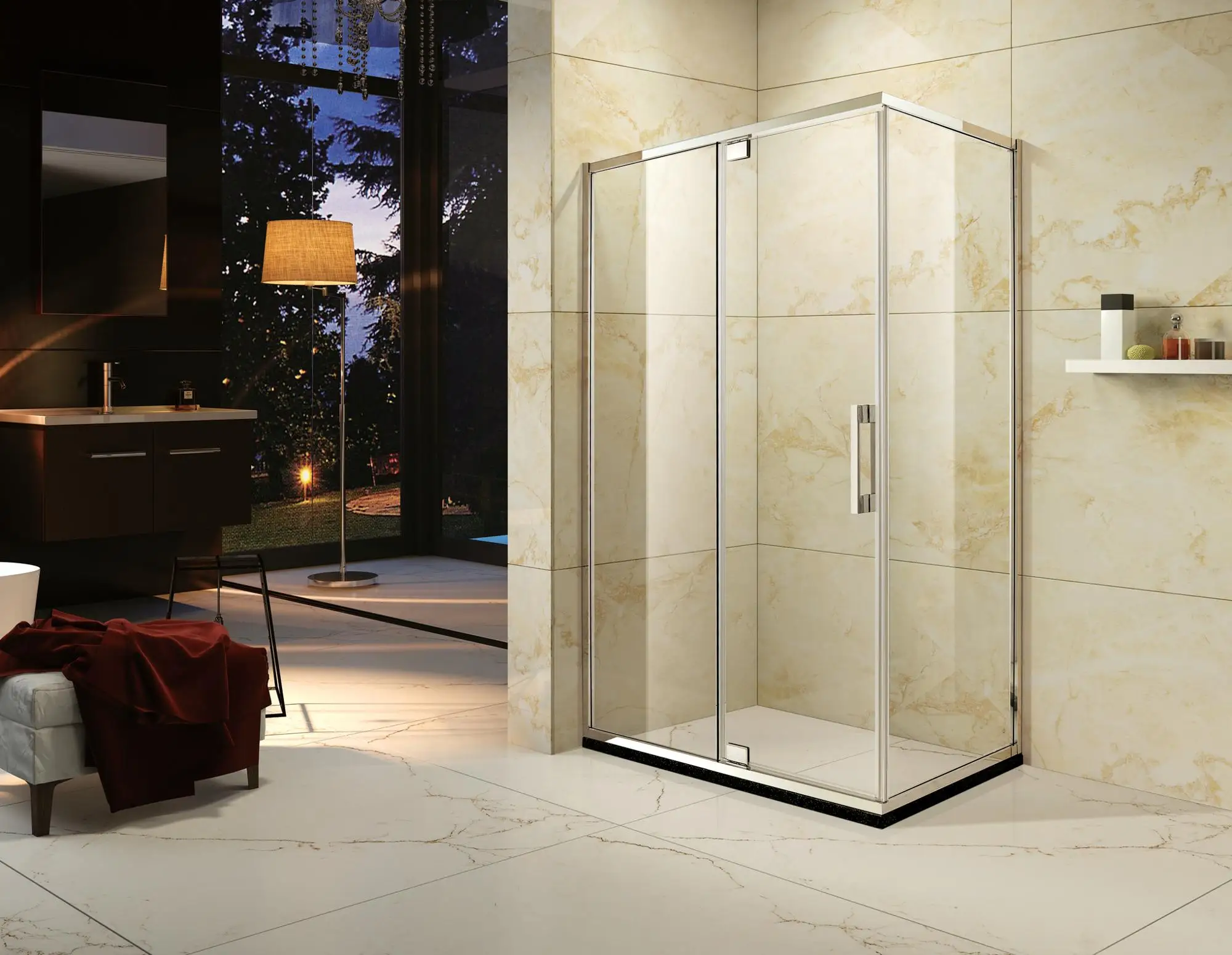 stainless steel frame stainless steel hinge pivot door two fix and one open rectangle shape shower enclosure