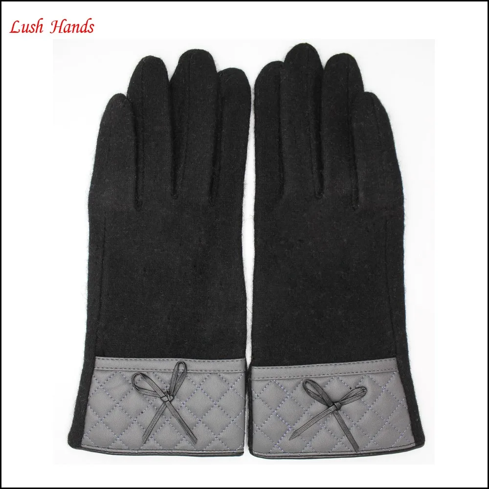 2016 new style woolen gloves with leather wrist for women