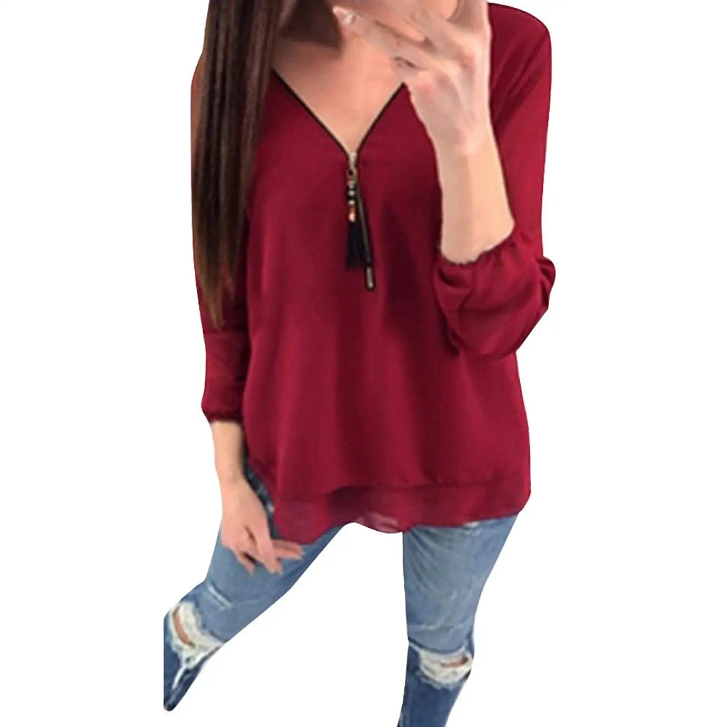 Qixuan Womens Casual Front Cross Wrap Long Sleeve Loose Knit Pullover Blouse