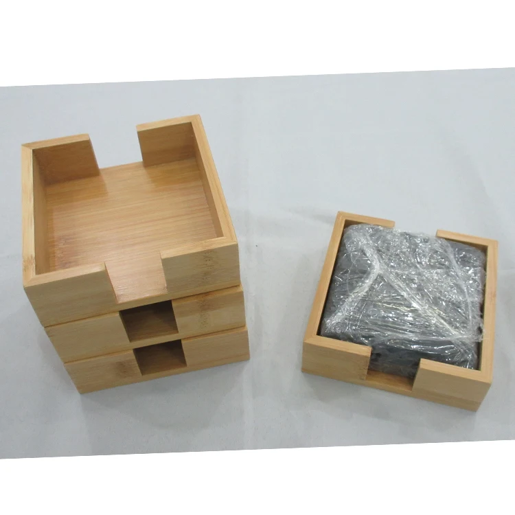 2020 New Packaging Black Slate Square Coaster in Bamboo Holder