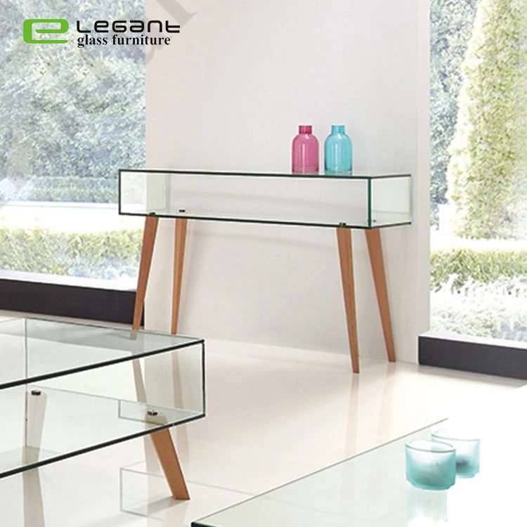 Living room glass console side table with beech wood leg