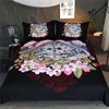 Skull Couples Bedding Set Queen Boy Girls Gothic Duvet Cover Black Bedclothes Pink Flowers Love Bed Set 3-Piece