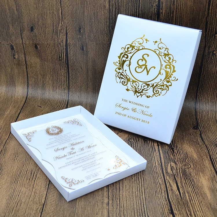 Shimmer white gold foil printed custom wedding invitation box