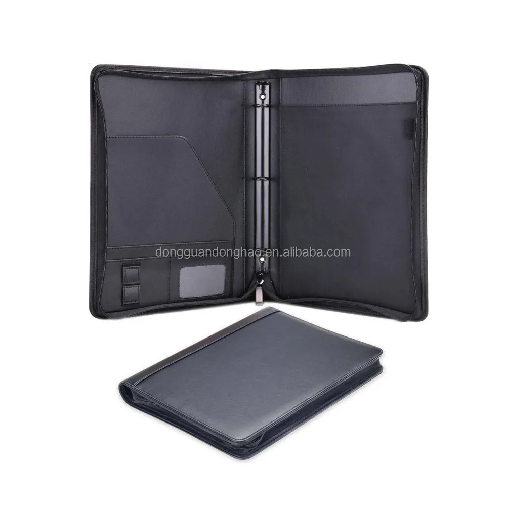Multifunction Folder For Business Men Or Women Zippered PU Leather Portfolio With 3 Rings Loose-leaf Binder