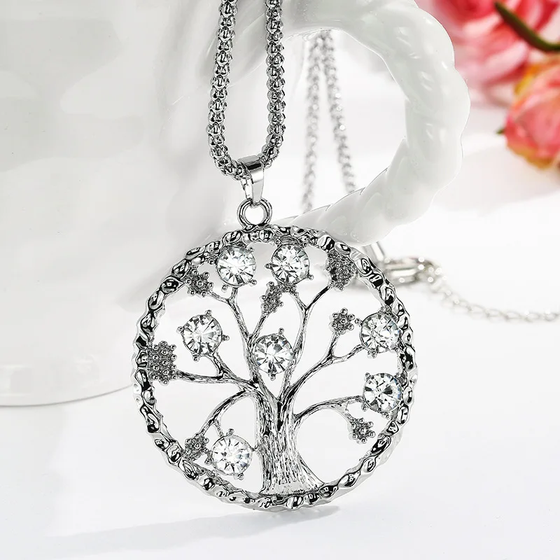 Newest Round Hollow Tree Of Life Necklace Fashion Flower Crystal Tree Of Life Pendant Necklace Women Garment Accessories