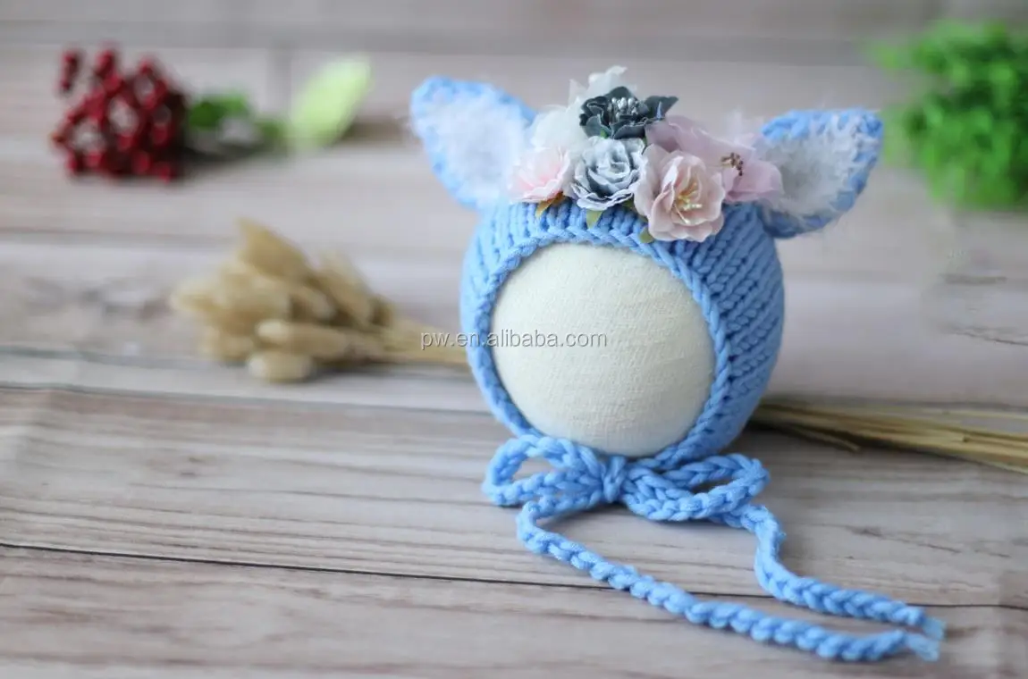 Handmade knitted Baby Fox bonnet hat Newborn photography props Baby girl boy flower hat Bonnet photo props
