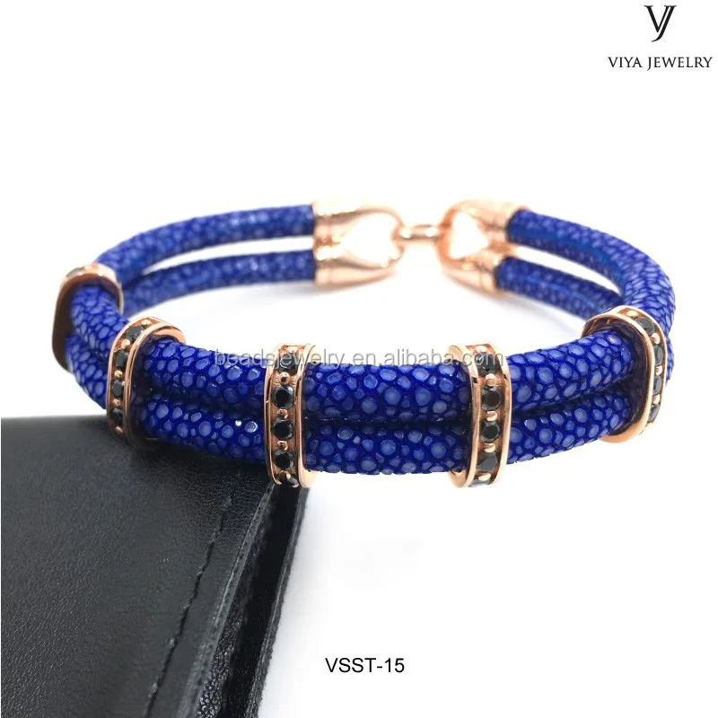 VSST-15 GENUINE BLUE STINGRAY LEATHER CORD WITH ROSE GOLD CLASPS ,MEN SILVER BRACELET (1).JPG