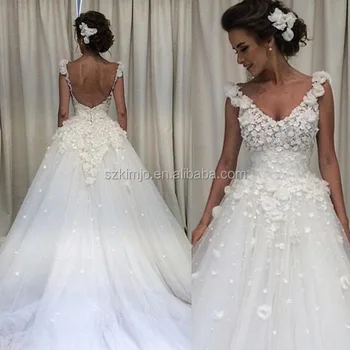Open Back 3d Flowers Ivory Wedding Dress Bridal Gown Arabic Style