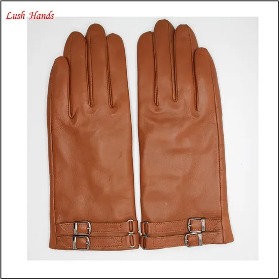 2017 new style women Brown sheepskin leather gloves with buckle
