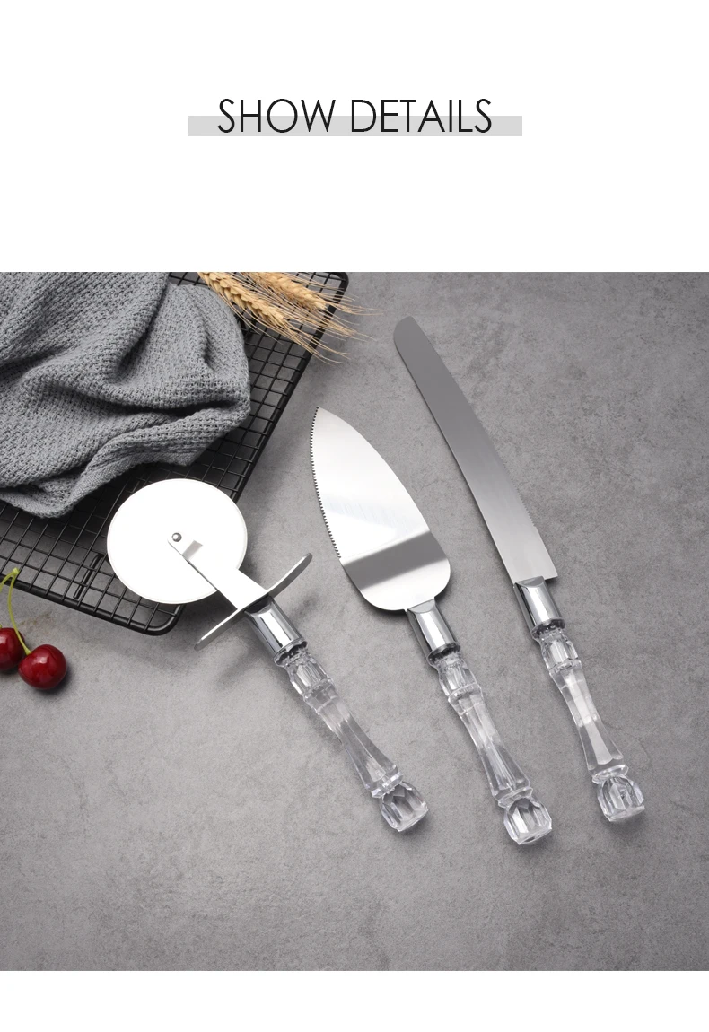 3 Pack Cutter Wheel Cake Server Bread Transparent Handle  Stainless Steel Kitchen  Pizza Knife Set