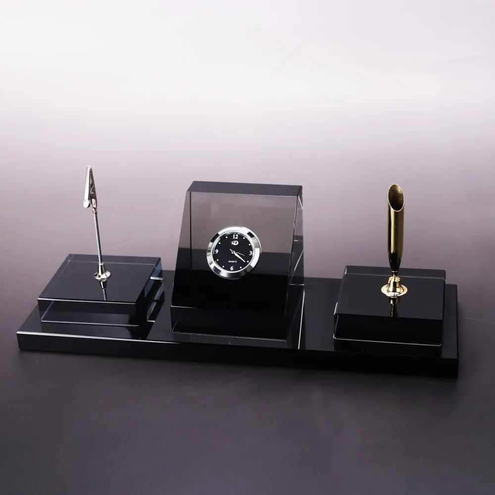 New Design Black Crystal Office Stationery Set With Clock/pen Holder
