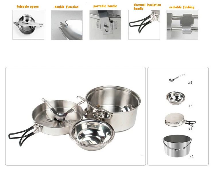 2016 New Backpack Stainless Steel Mini Cookware Set For Camping Cooker