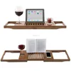 Dark Walnut Brown Bathtub Caddy, Natural Bamboo Bath Tray with Extending Sides, Reading Rack, Wine Glass, Book and Tablet holder