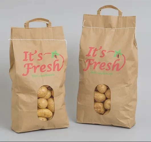 Handbag 2.5kg 3kg 5kg 10kg Potatoes Packing Paper Bags With Mesh Window