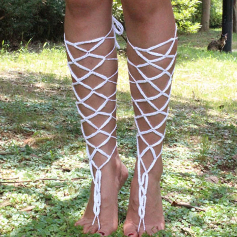 2Pc Gladiator Crochet Barefoot Sandal Knee-High Leg Foot Anklet Bracelet Chain W 