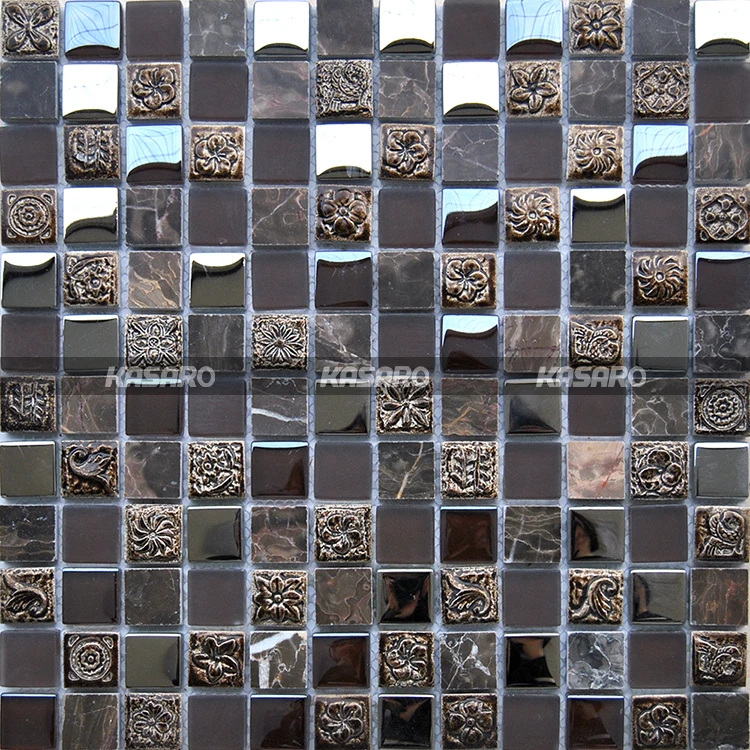 Brown Glass Blend Stone Mosaic Tile Show Pieces For Home Decoration