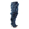 Stylish Ladies Show Mid Heel Over the Knee Draped Cotton Blue Denim Boots
