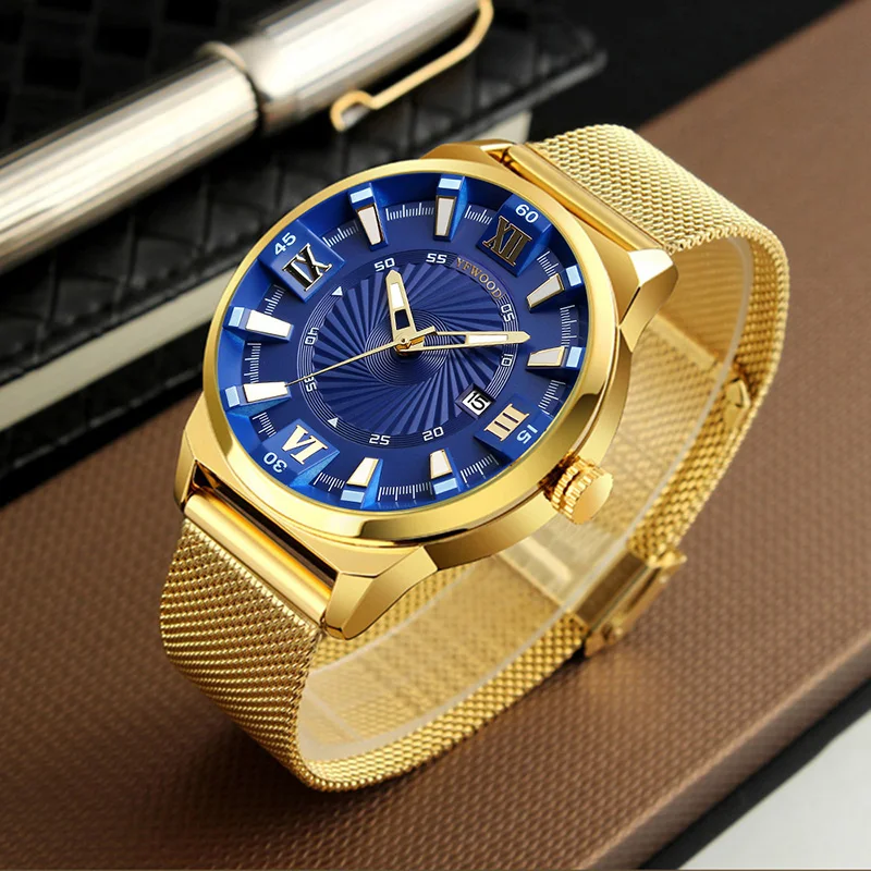 2019 Dubai Fashion Luxury Famous Mens Gold Plated Wrist Watch Waterproof Stainless Steel Band