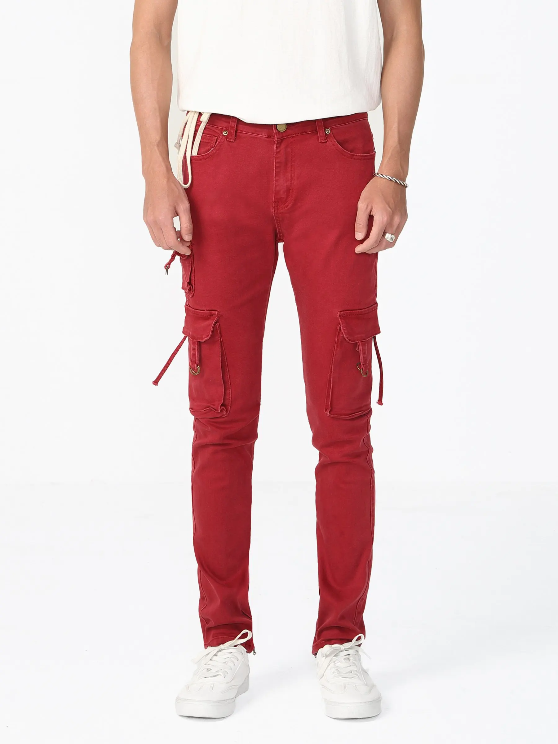 Red Mid Rise Loose Fit Cargo Pants