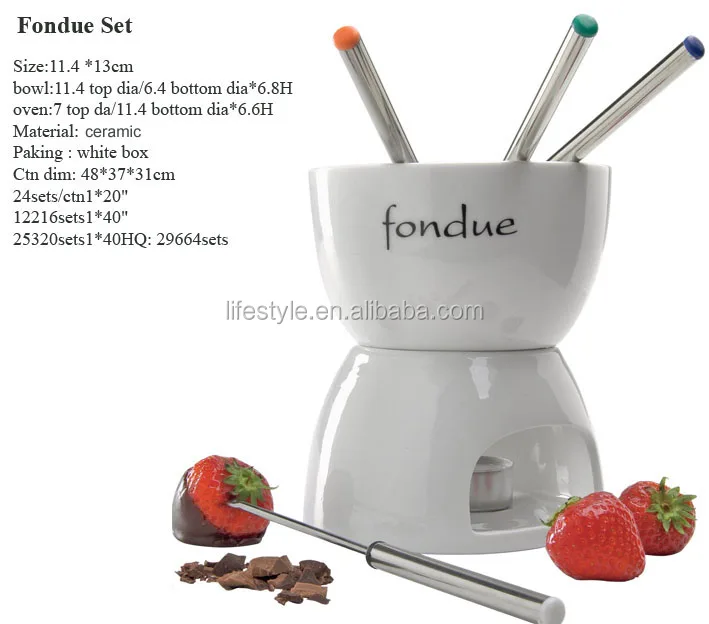 Ceramic Fondue Set With Forks And Tea Light,Solid Color Fondue Set