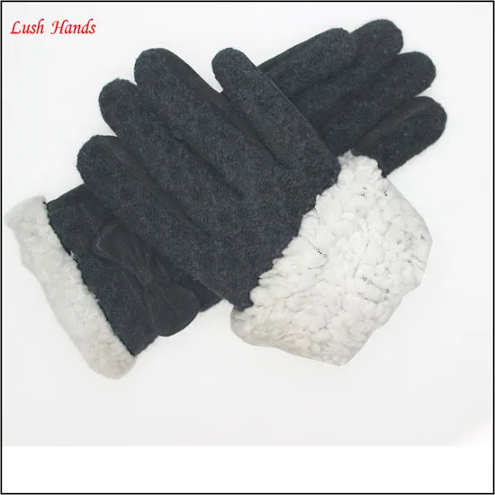 women's black leather gloves back of hand knitting, palms pig suede
