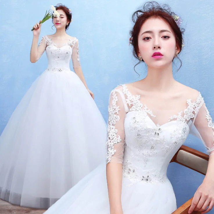 ZH2355G Modern Scoop Neckline Ball Gown Wedding Dresses with Half Long Sleeves Lace Appliques Bridal Gown