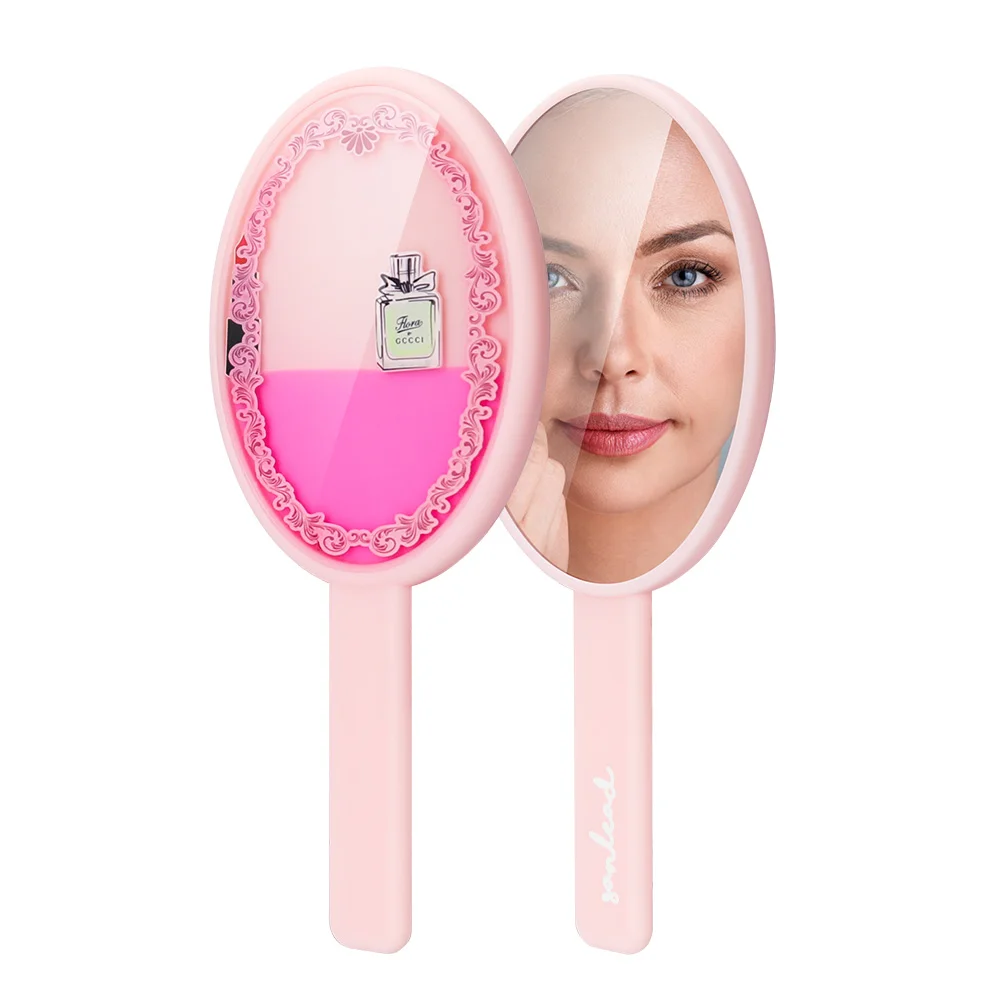 Comfortable Cosmetic Quicksand Glitter Customer Design Oval Handheld Mirrors with Handle