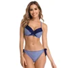 Lady Stripe Print Across Front Wire Bikini Back Tie Up Mid Waist Brief Side Knots Adjustable Stripes Push Up Soft Padding