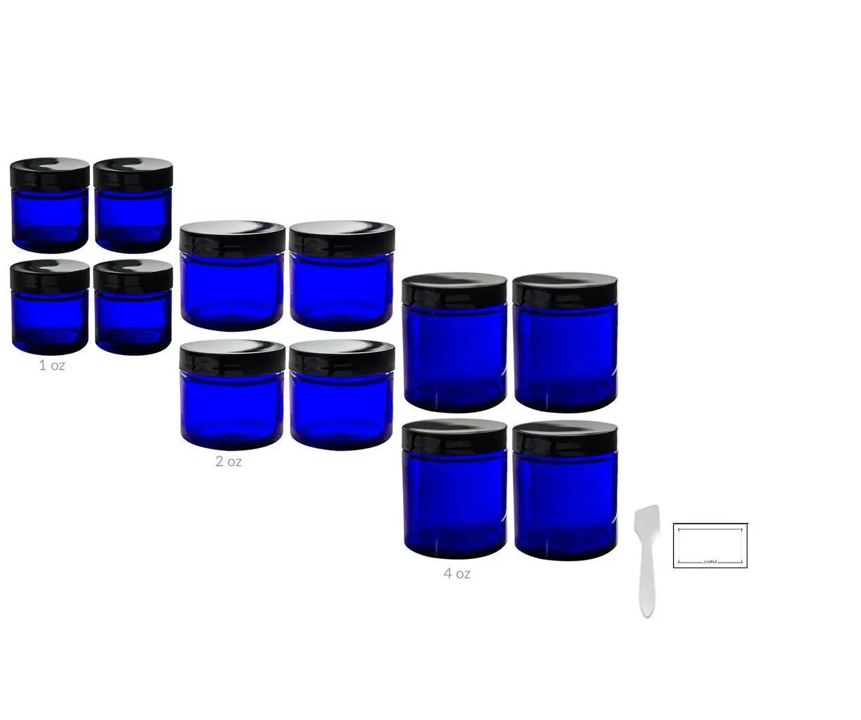 12 piece Cobalt Blue Glass Straight Sided Jar Starter Kit Set: Includes 4 -1 oz Cobalt Glass Jars, 4 -2 oz Cobalt Glass Jars, 4 -4 oz Cobalt Glass Jars + Spatulas and Labels