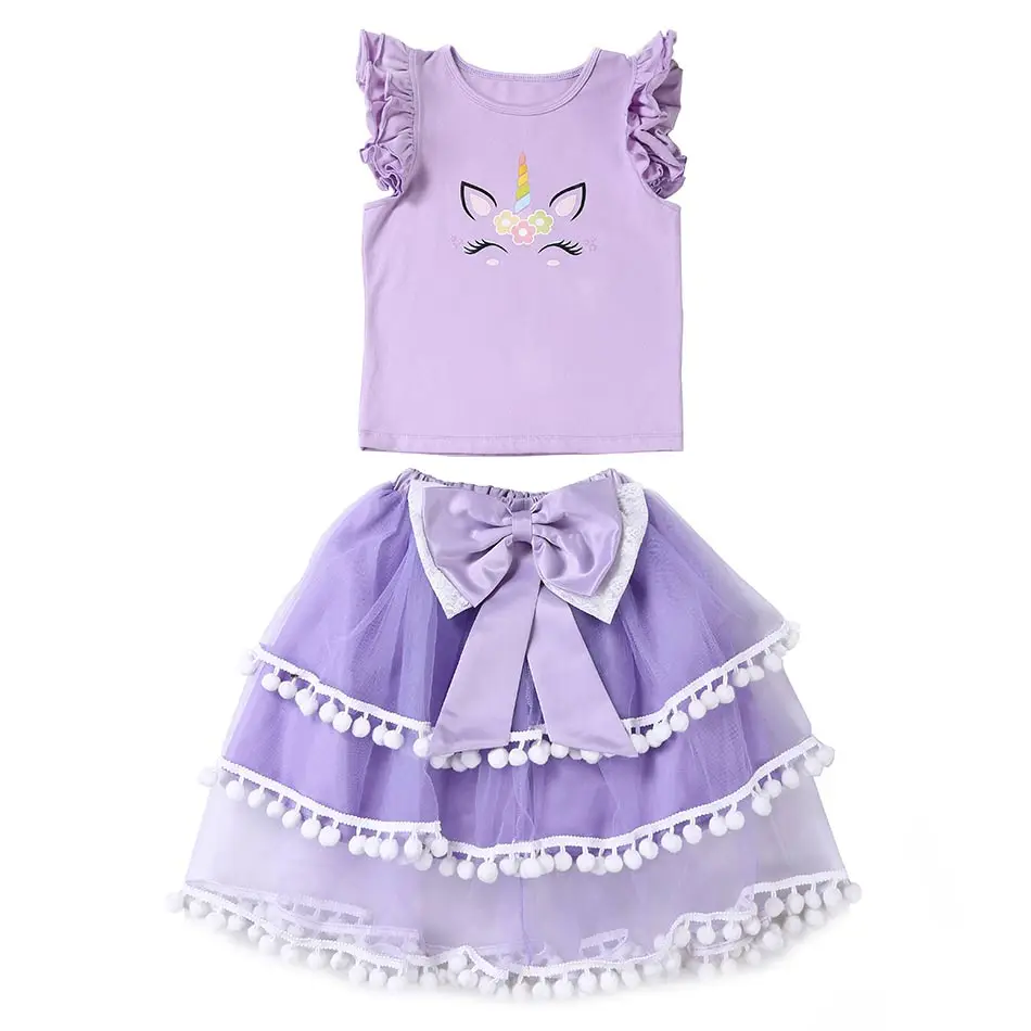 Fancy Light Purple Ruched Sleeve Tiered Skirt Sets For Kids Girls With ...