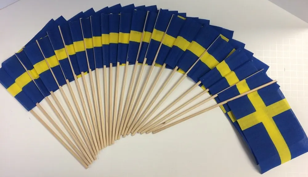 Made in the USA!! PACK of 24 Cotton 4"x6" Sweden Miniature Desk & Table Flags, 2 Dozen 4"x 6" Swedish Small Mini Stick Flags (Flags Only)