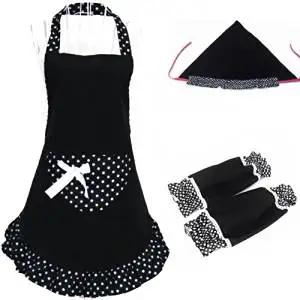 Tinksky Fashion Dots Pattern Halter-neck Sleeveless Cotton Cloth Apron Kitchen Apron with Over Sleeves Headscarf (Black)