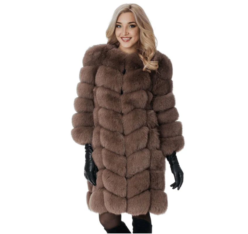 Hot Sale Brown Fox Fur Coat &jacket Long Style Best Quality O-neck For ...