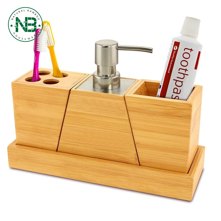 Bamboo 4 Piece Vanity Set Bathroom Accessory Holder With Pump Soap