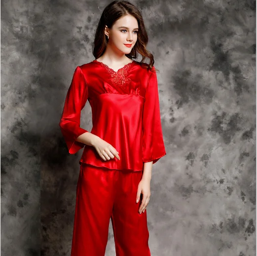 Long Sleeved Silk Pyjamas Ladies 100% Silk Two-piece Home Dress Lace Suit